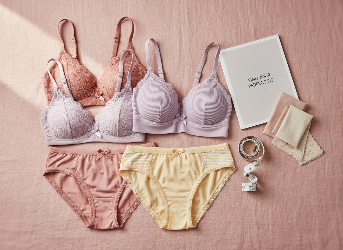 A neatly arranged flat lay of colorful women’s innerwear displayed on a soft, blush-pink linen backdrop. Delicately folded bralettes and matching panties in pastel tones—dusty rose, lavender, and buttercream—feature lace trims, ribbed cotton, and smooth microfiber, each with tiny satin bows and playful patterns. A tape measure, open style guide booklet, and fabric swatches sit nearby, suggesting fit and comfort. Soft, diffused daylight from the left creates gentle shadows and subtle highlights on the textures. Photographic realism with a clean, modern aesthetic, shot from a bird’s eye view with shallow depth of field that keeps the central set crisp while the edges blur slightly, creating a warm, inviting, confidence-boosting atmosphere.